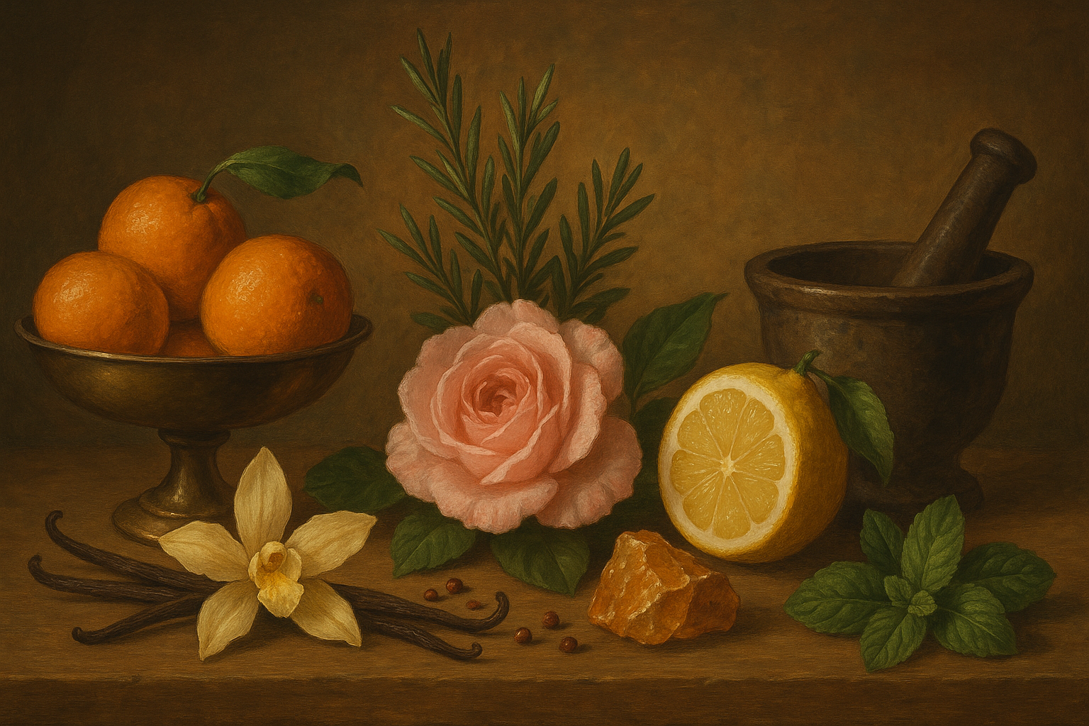 Still life with oranges, a lemon, a rose, vanilla beans, and a mortar and pestle on a wooden surface.