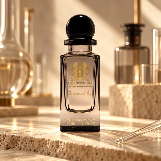 Amir Scent Bar custom signature blend bottle in a perfumer's atelier