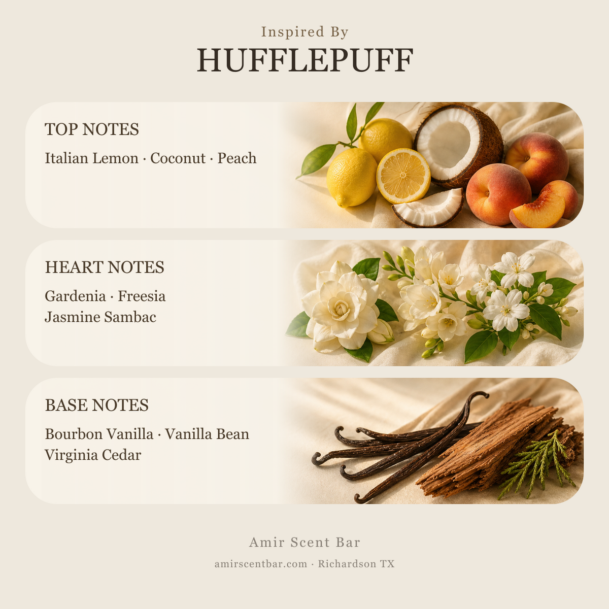 Inspired by HUFFLEPUFF: top, heart and base fragrance notes. Amir Scent Bar.