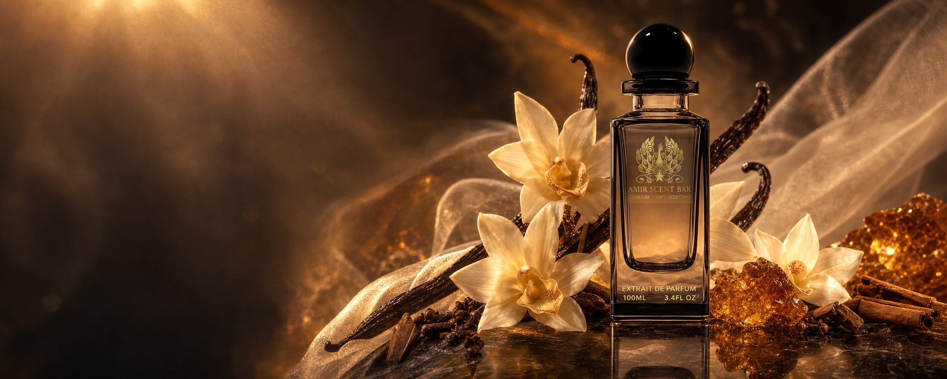 Vanille Planifolia Extrait 21 bottle with vanilla pods, vanilla orchids and amber resin