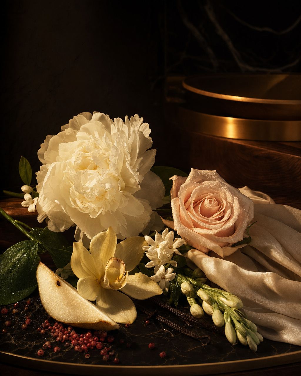 White peony, rose and jasmine on dark marble