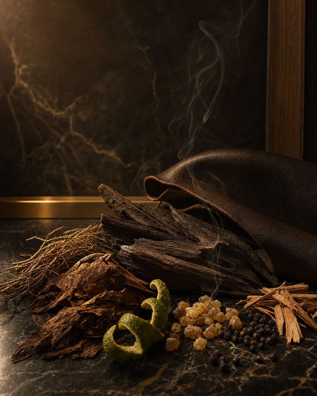 Oud wood, leather and tobacco leaves on dark marble