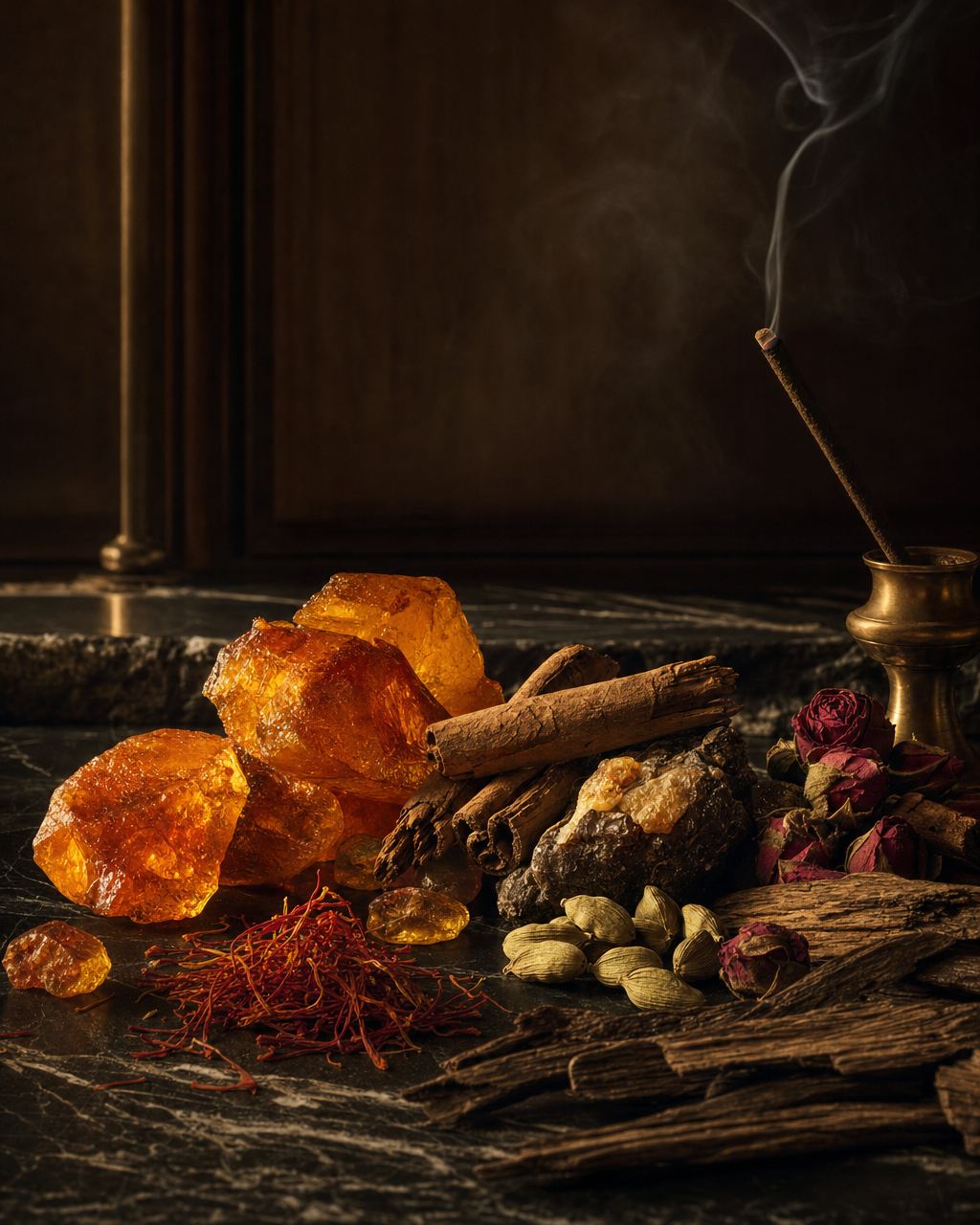 Amber resin, saffron and incense smoke