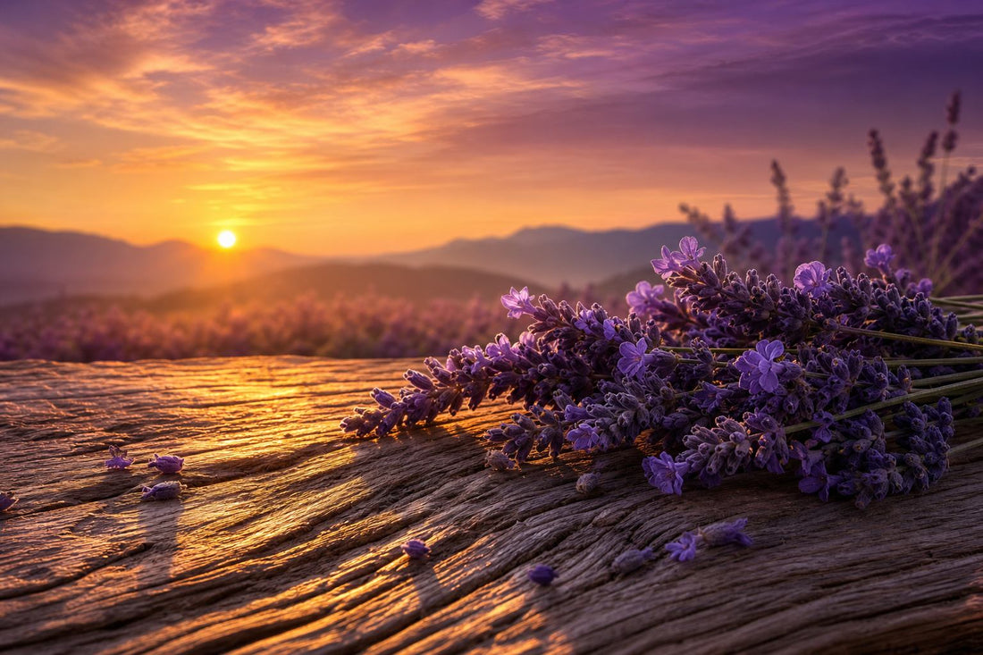 A sunset landscape with amber and lavender colors, featuring lavender blooms and textured wood grain.