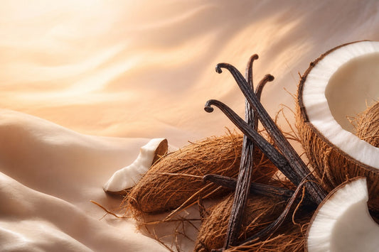 A landscape of coconut husks and vanilla beans in soft pastel colors, creating a warm and inviting atmosphere.
