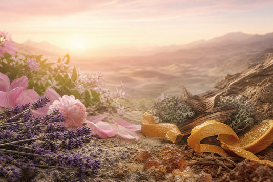 A serene landscape with pastel colors and abstract botanicals representing various scent notes.