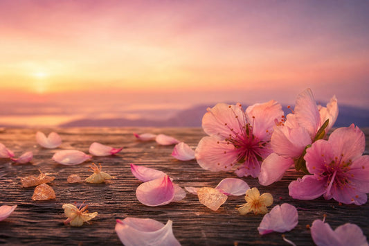 A tranquil landscape with peach and apple blossom colors blending into a twilight sky, featuring scattered peach and pineapple blossoms on a wooden surface.