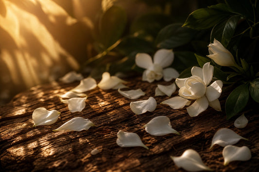 A warm amber and green landscape with gardenia petals on wood, evoking a serene and inviting mood.