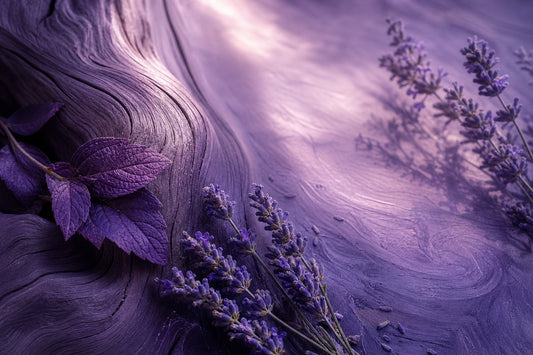 A gradient landscape of violet and lavender hues with wood grain textures.