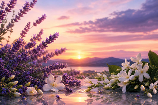 A tranquil landscape with pastel sunset colors and delicate botanicals like lavender and jasmine.