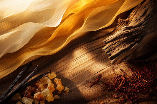 A textured landscape of cedar wood grain with warm saffron and vanilla hues, representing the complexity of fragrance notes.