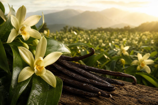 A tranquil field of vanilla orchids bathed in golden sunlight, with close-up textures of vanilla pods and green leaves.