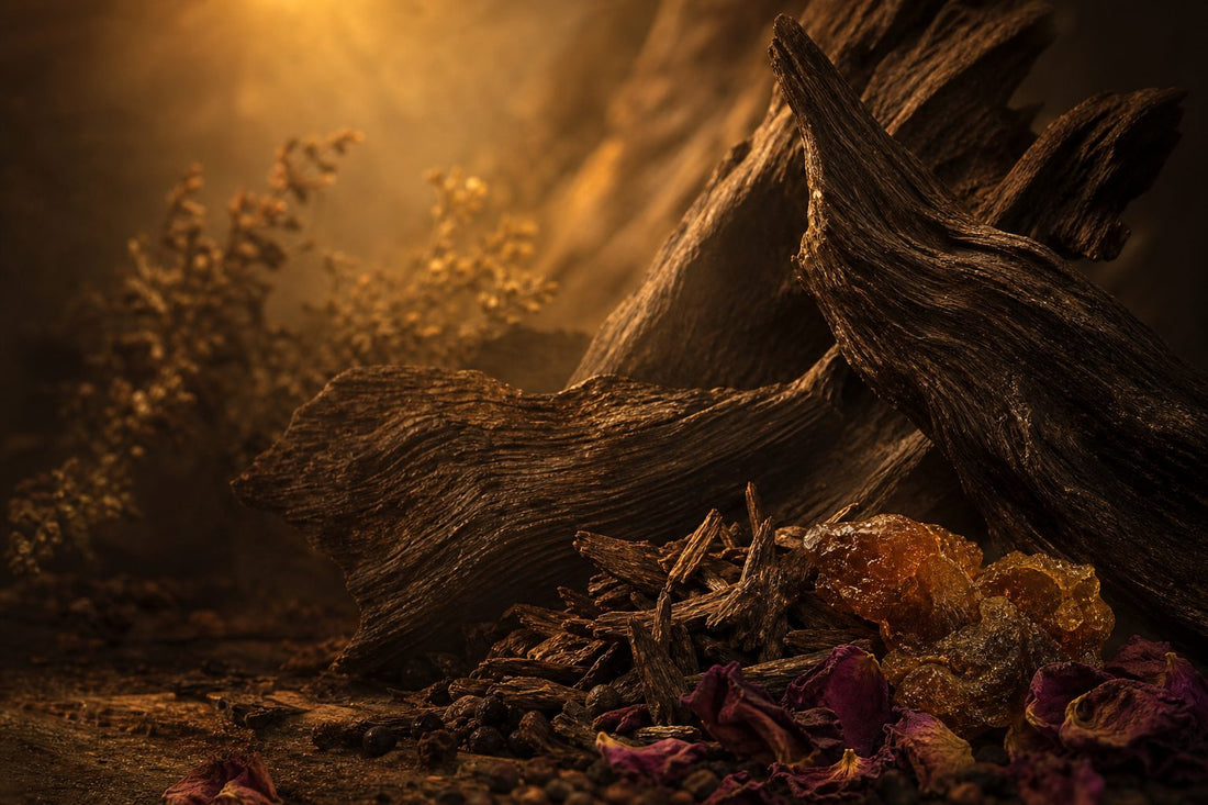 A tranquil landscape with warm amber and brown tones, featuring textured wood grain and hints of dried botanicals.