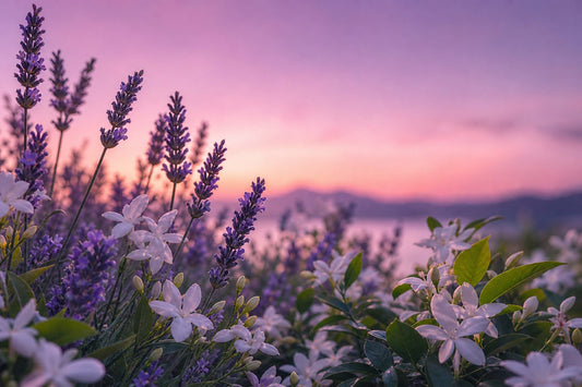A tranquil dusk landscape with pastel skies and silhouettes of lavender and jasmine.