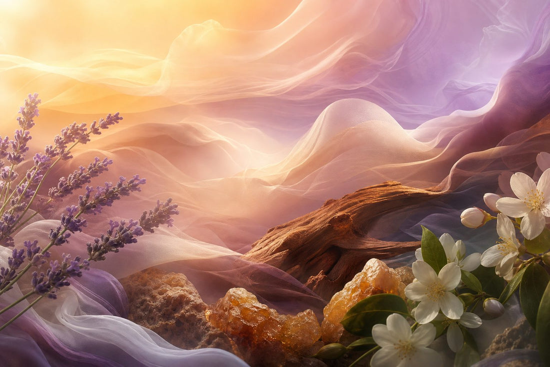 A tranquil landscape with pastel colors and abstract shapes symbolizing fragrances, featuring botanical elements like lavender and jasmine.