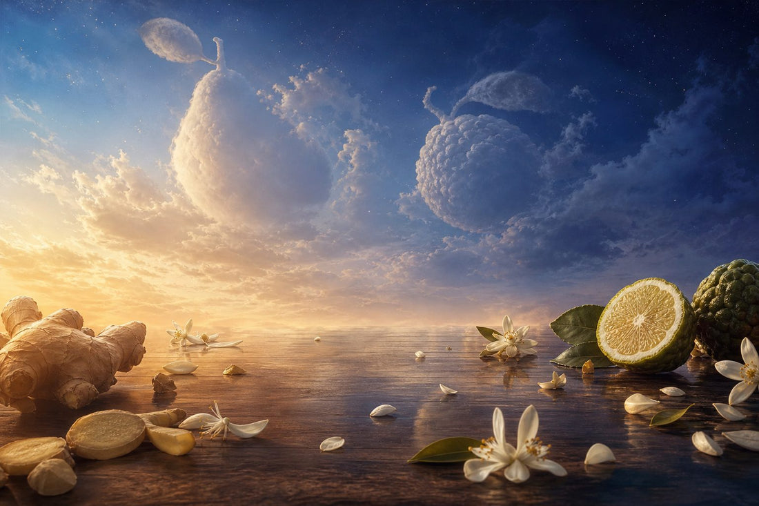 A tranquil landscape with a gradient sky and abstract representations of pear and bergamot, set against a smooth wooden surface with hints of ginger and orange blossom.