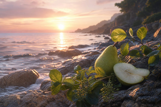 A tranquil coastal landscape at dawn with soft waves and pastel colors, evoking freshness.