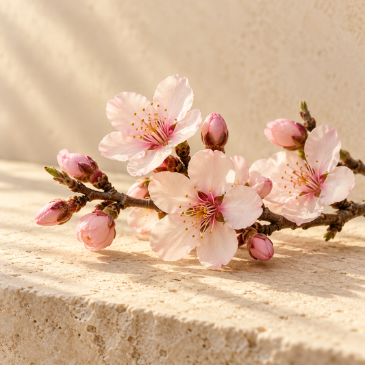 a small branch of pale pink almond blossoms