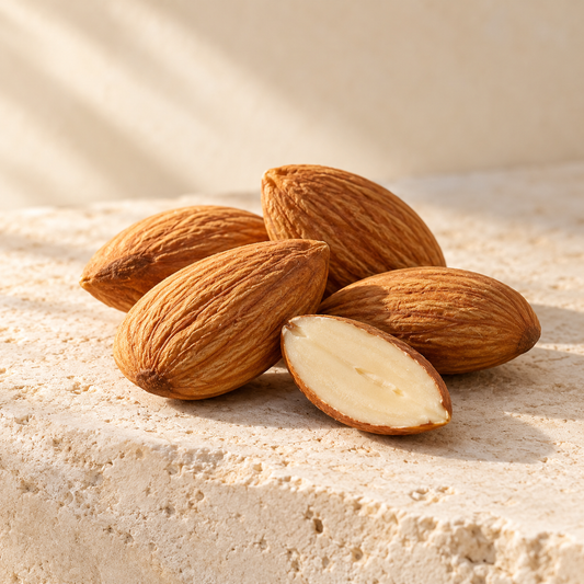 whole almonds and one split almond kernel