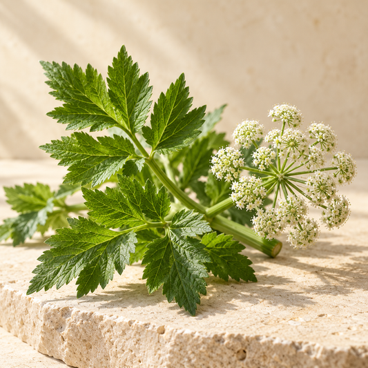 fresh angelica leaves and a small white umbel of blossoms