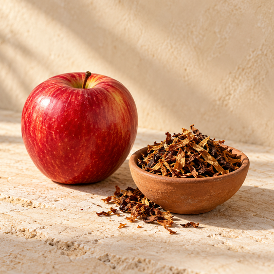 a red apple beside a small unlit terracotta bowl with loose tobacco leaves, no smoking apparatus