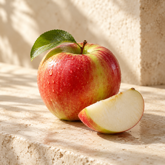 a crisp red-green apple and a cut wedge