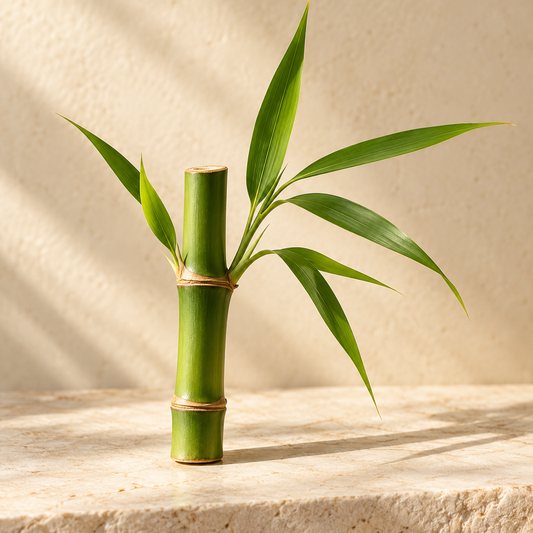 a short natural green bamboo stem with delicate leaves
