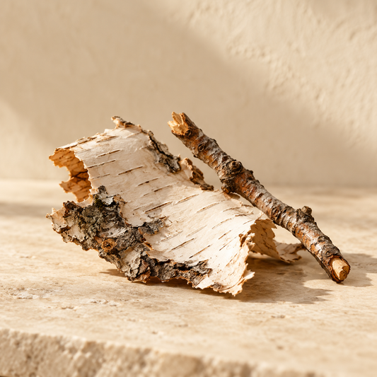 a small piece of birch bark and a short twig