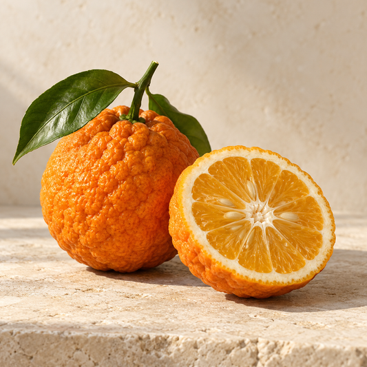 a rough-skinned bitter orange with a cut half