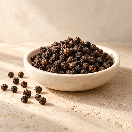 black peppercorns in a shallow ivory dish