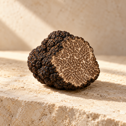one black truffle cut to show its marbled interior