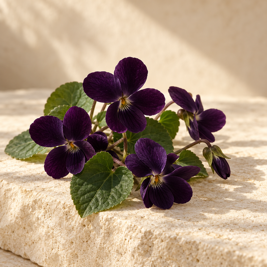 small very dark purple violet blossoms with heart-shaped leaves