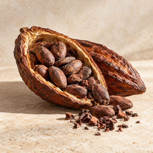 a split cacao pod with cacao beans and a few crushed cocoa nibs
