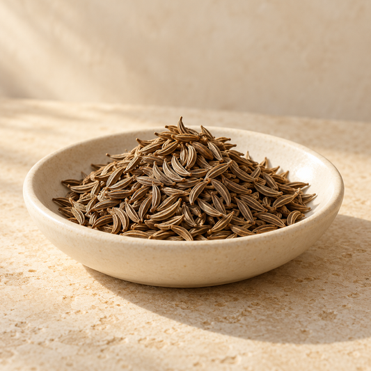 a small pile of curved caraway seeds in a shallow ivory dish