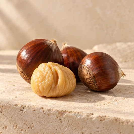 whole chestnuts and one peeled chestnut