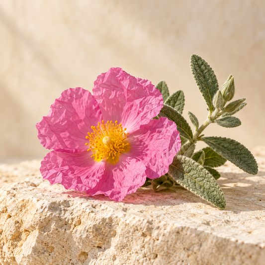 a pink Cistus incanus rockrose flower with a yellow center and gray-green leaves