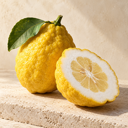 a thick-rinded yellow citron cut to show its pale pith