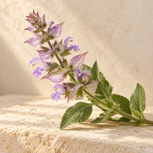 a flowering clary sage stem with pale lilac bracts and green leaves