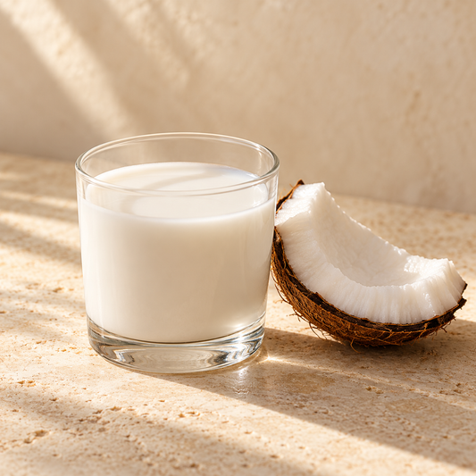 a small glass of coconut milk beside a white coconut flesh piece