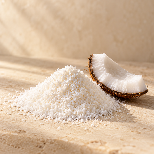a small mound of finely ground white coconut powder beside a small piece of coconut flesh