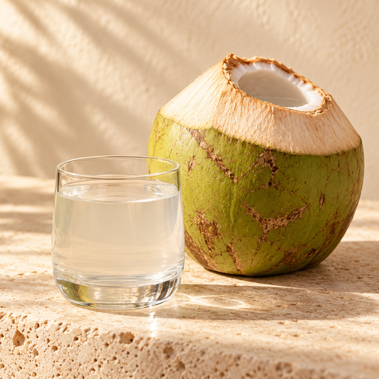 a small clear glass of coconut water beside a young green coconut