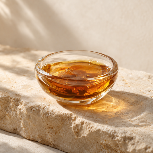 a small clear glass dish of golden-brown copaiba balsam