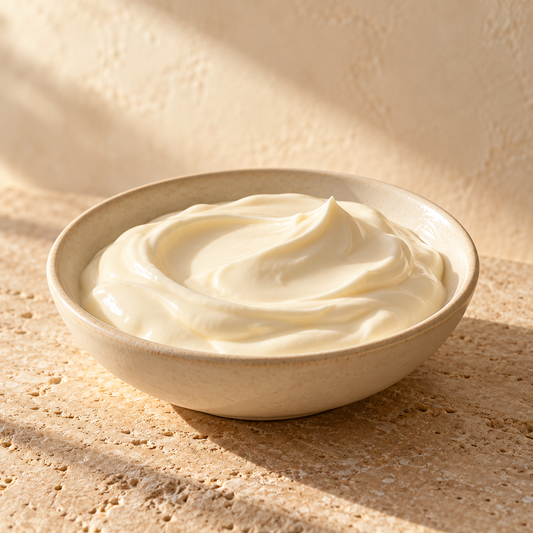 thick cream pooled in a shallow ivory dish, not whipped