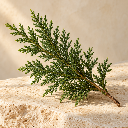 a small cypress branch with fine scale-like foliage