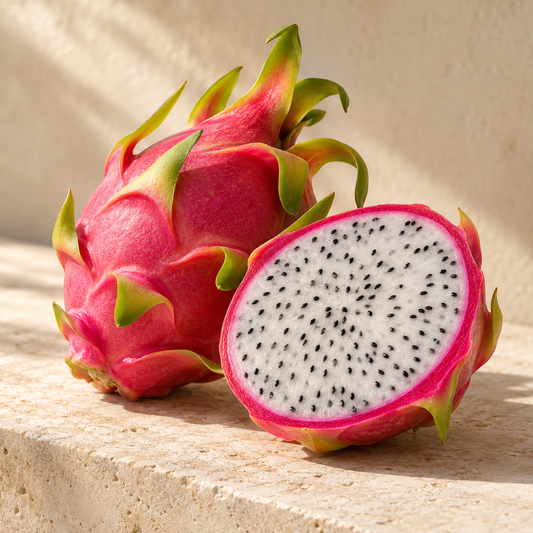 one pink dragon fruit and a cut half showing white flesh and black seeds