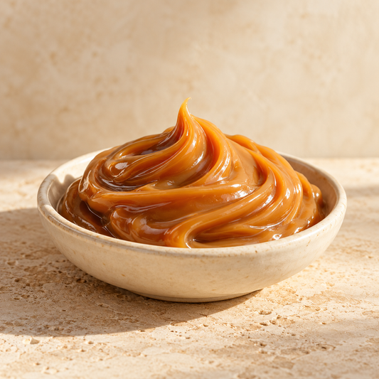 thick golden dulce de leche swirled in a shallow ivory dish