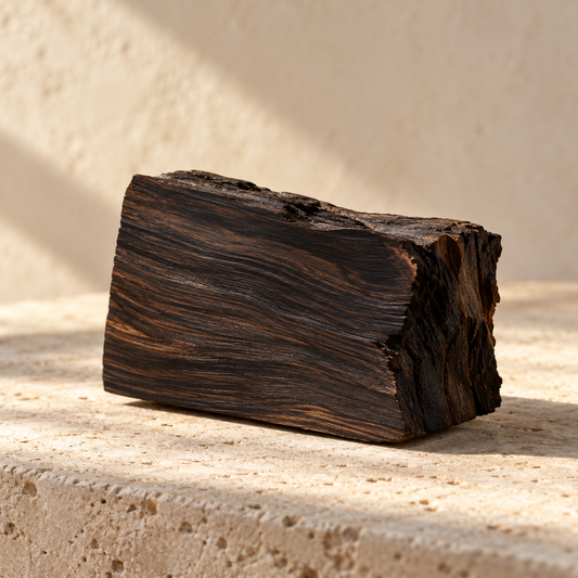 a small block of very dark ebony wood with visible fine grain