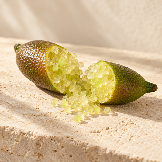 a finger lime split to show pearl-like citrus vesicles