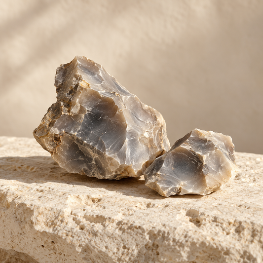 two natural gray flint stones on ivory limestone