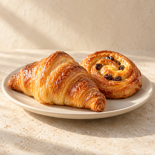 one small plain golden croissant and one simple pastry on an ivory dish